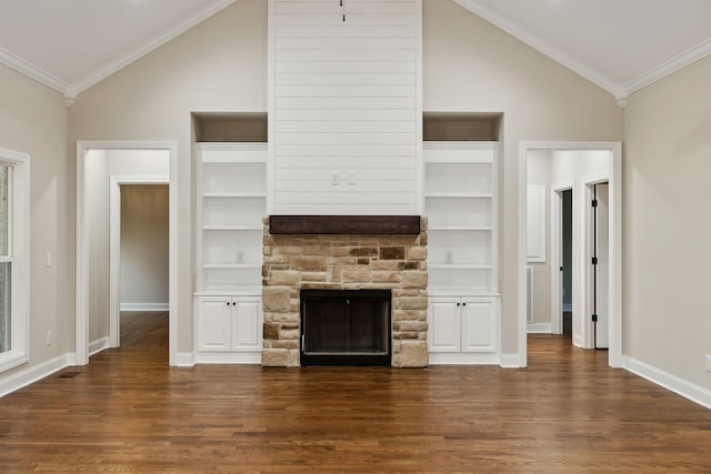 8020 Traditions Ln, Columbia, TN 38401 - unfurnished living room with baseboards, dark wood-style flooring, ornamental molding, a fireplace, and built in shelves