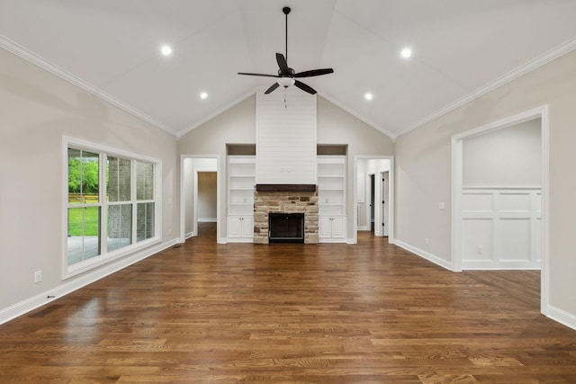8020 Traditions Ln, Columbia, TN 38401 - unfurnished living room with a fireplace, high vaulted ceiling, built in features, a ceiling fan, and wood finished floors
