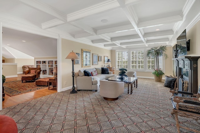 carpeted living room featuring beam ceiling, baseboards, coffered ceiling, and crown molding