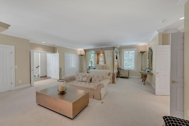 living room with crown molding, stairway, baseboards, recessed lighting, and light carpet