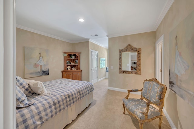 bedroom with ornamental molding, visible vents, light colored carpet, and baseboards