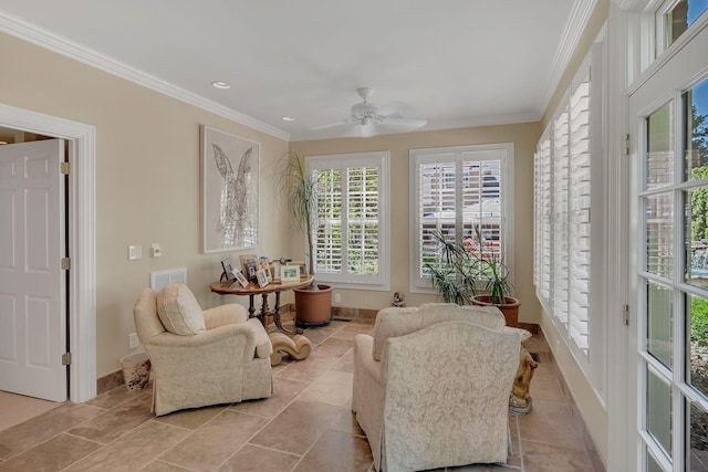 living area with crown molding, ceiling fan, visible vents, baseboards, and recessed lighting