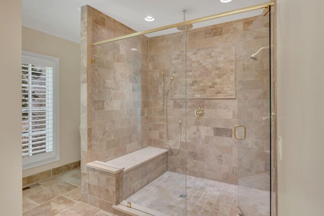 full bathroom featuring recessed lighting and a shower stall