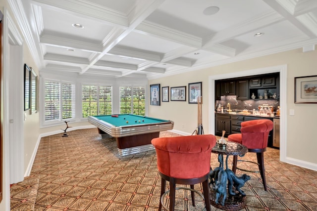 playroom with coffered ceiling, beamed ceiling, indoor wet bar, billiards, and baseboards