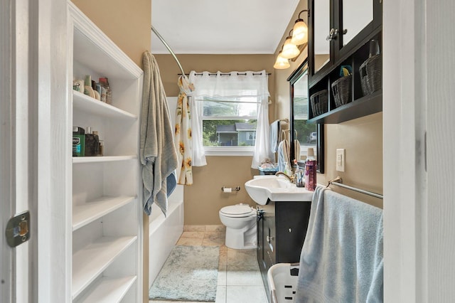bathroom with a washtub, baseboards, walk in shower, toilet, and vanity