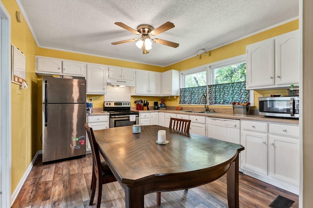 kitchen with appliances with stainless steel finishes, white cabinetry, under cabinet range hood, and a sink
