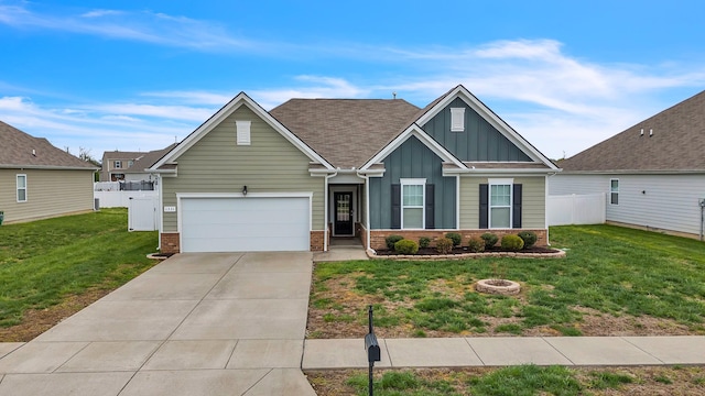 craftsman-style home with fence, board and batten siding, and brick siding