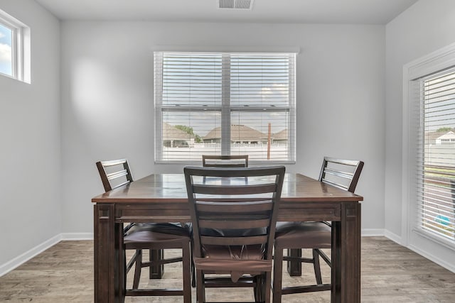 dining space featuring baseboards, light wood finished floors, and visible vents