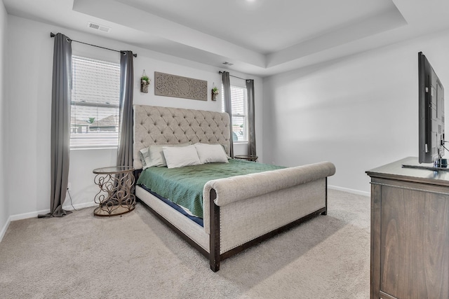 carpeted bedroom with visible vents, a raised ceiling, and baseboards