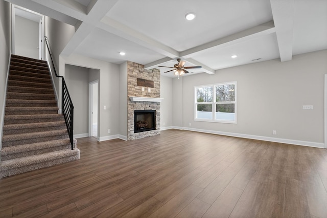 465 Herman Dr, Clarksville, TN 37042 - unfurnished living room with a ceiling fan, beam ceiling, stairs, and dark wood finished floors