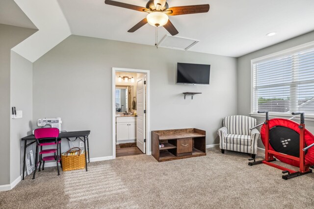 playroom featuring attic access, a ceiling fan, carpet floors, and baseboards
