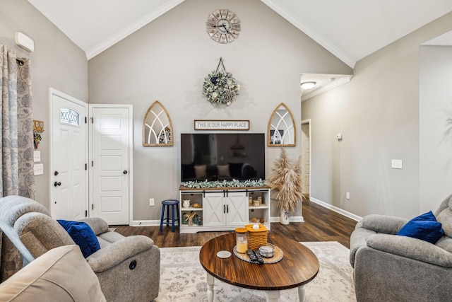 living room with baseboards, high vaulted ceiling, wood finished floors, and crown molding