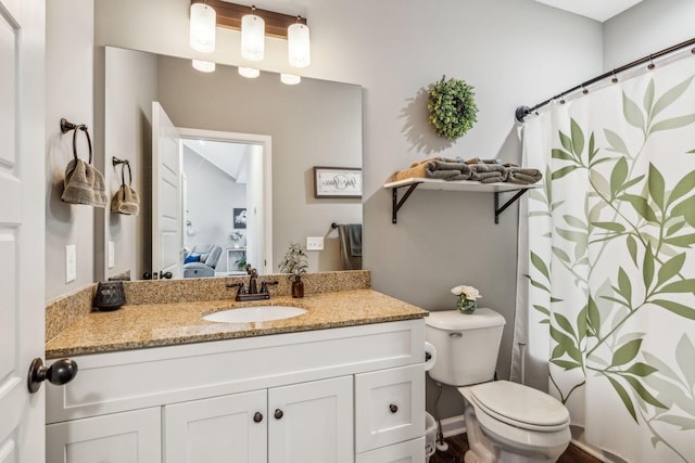 bathroom with toilet, ensuite bath, a shower with shower curtain, and vanity