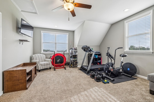 exercise area featuring recessed lighting, ceiling fan, carpet, and baseboards
