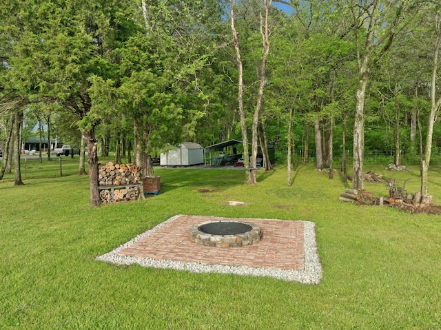 view of yard featuring a patio, an outdoor fire pit, an outbuilding, a storage shed, and a detached carport