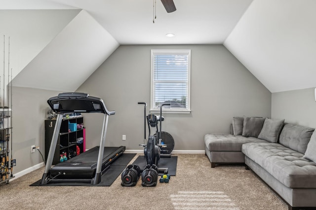 workout area with lofted ceiling, ceiling fan, baseboards, and carpet floors