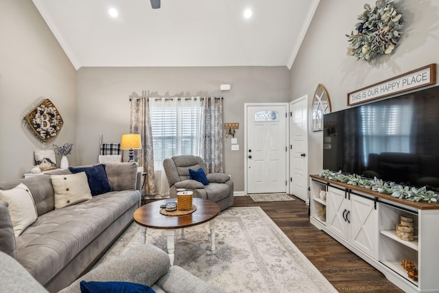 living room featuring baseboards, ornamental molding, dark wood-style flooring, and vaulted ceiling