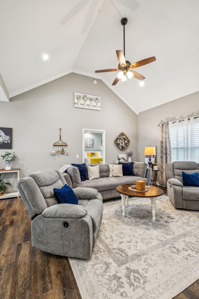 living room featuring wood finished floors, a ceiling fan, and lofted ceiling