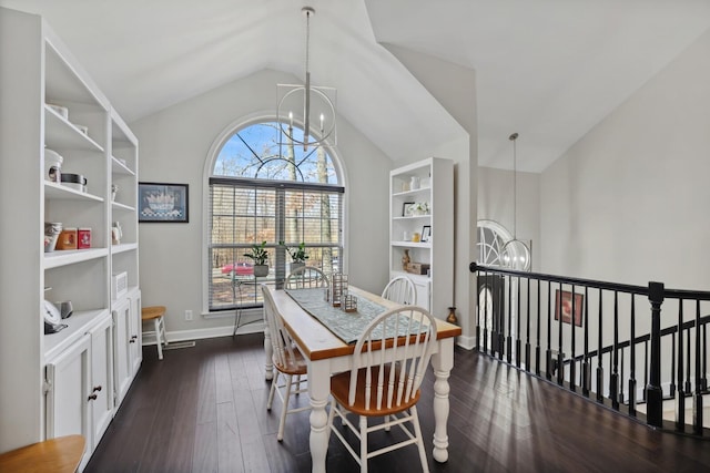 dining room with lofted ceiling, a notable chandelier, dark wood finished floors, and baseboards