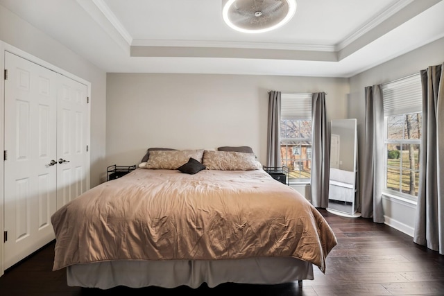 bedroom featuring crown molding, multiple windows, and a tray ceiling