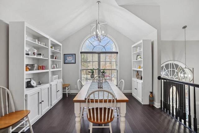 dining room featuring lofted ceiling, a chandelier, and dark wood-type flooring