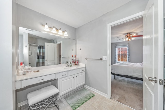 full bathroom with vanity, ensuite bath, visible vents, baseboards, and a shower with shower curtain