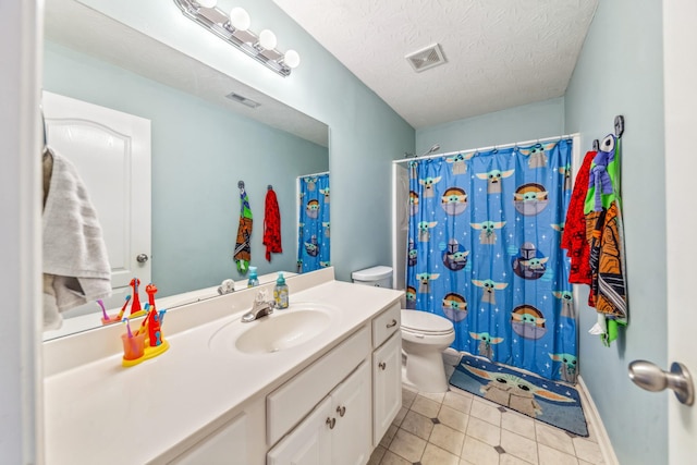 full bath with toilet, tile patterned flooring, visible vents, and vanity
