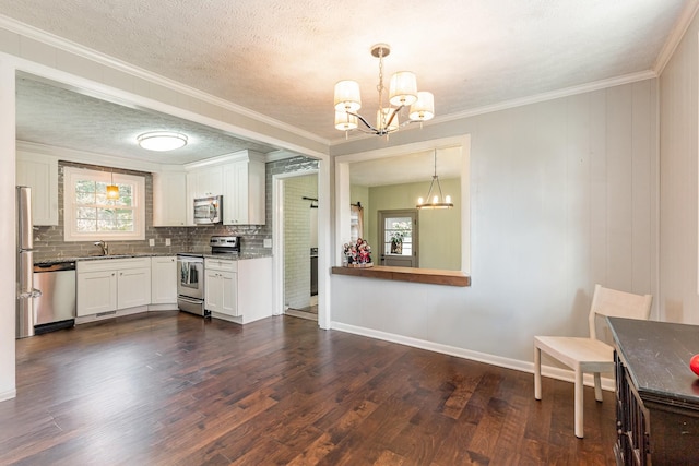 kitchen featuring a wealth of natural light, appliances with stainless steel finishes, a chandelier, and dark wood-type flooring