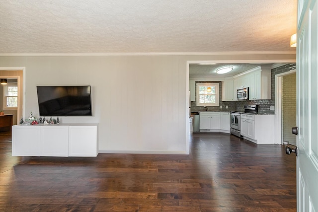 unfurnished living room with a textured ceiling, crown molding, dark wood-style floors, and a sink