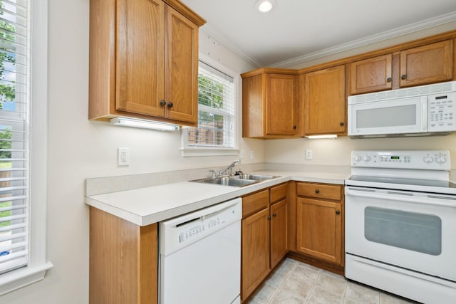 502 Village Green Cir, Murfreesboro, TN 37128 - kitchen featuring white appliances, a sink, ornamental molding, brown cabinetry, and light countertops