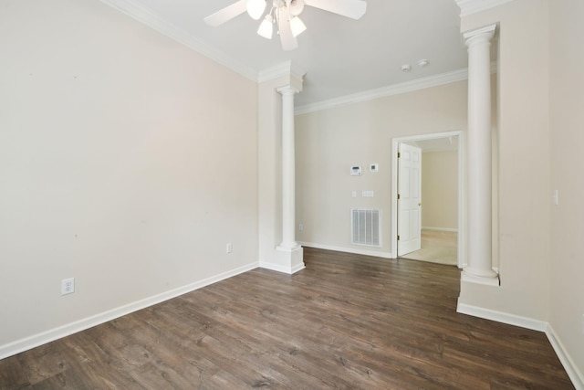 502 Village Green Cir, Murfreesboro, TN 37128 - empty room with a ceiling fan, ornamental molding, ornate columns, wood finished floors, and baseboards