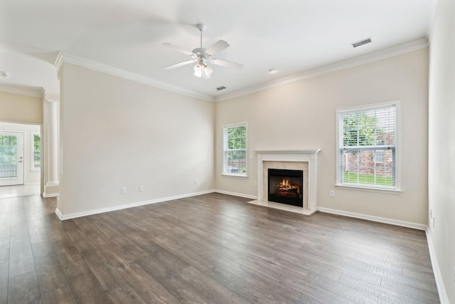 502 Village Green Cir, Murfreesboro, TN 37128 - unfurnished living room with ceiling fan, dark wood finished floors, a high end fireplace, ornamental molding, and baseboards