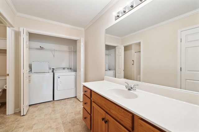 502 Village Green Cir, Murfreesboro, TN 37128 - bathroom featuring washer and clothes dryer, ornamental molding, vanity, and toilet