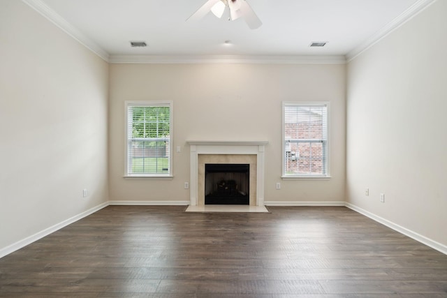 502 Village Green Cir, Murfreesboro, TN 37128 - unfurnished living room with ceiling fan, dark wood finished floors, crown molding, a high end fireplace, and baseboards