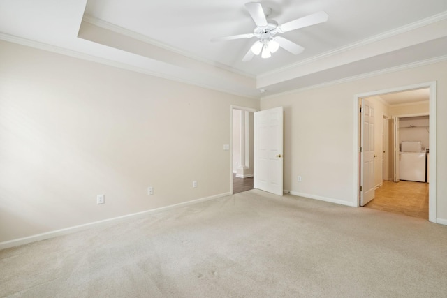 502 Village Green Cir, Murfreesboro, TN 37128 - unfurnished bedroom featuring light carpet, crown molding, baseboards, washer / dryer, and a ceiling fan