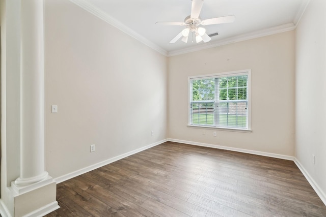 502 Village Green Cir, Murfreesboro, TN 37128 - spare room featuring decorative columns, ornamental molding, dark wood finished floors, ceiling fan, and baseboards