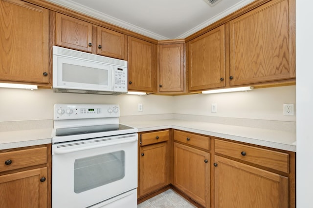 502 Village Green Cir, Murfreesboro, TN 37128 - kitchen featuring white appliances, light countertops, brown cabinets, light tile patterned floors, and crown molding