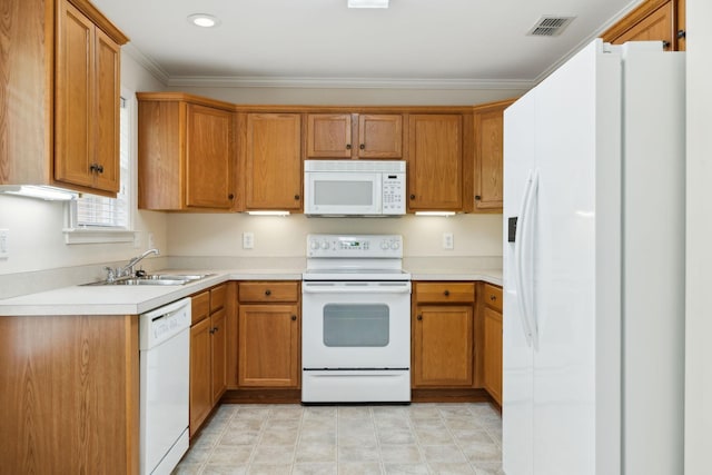 502 Village Green Cir, Murfreesboro, TN 37128 - kitchen with white appliances, a sink, brown cabinetry, light countertops, and crown molding