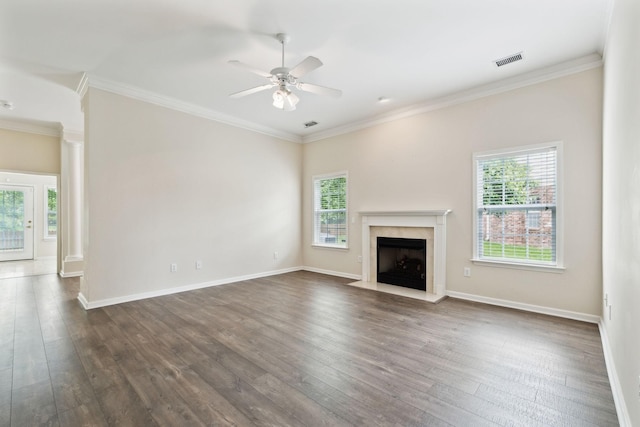 502 Village Green Cir, Murfreesboro, TN 37128 - unfurnished living room with a ceiling fan, dark wood-style floors, a high end fireplace, ornamental molding, and baseboards