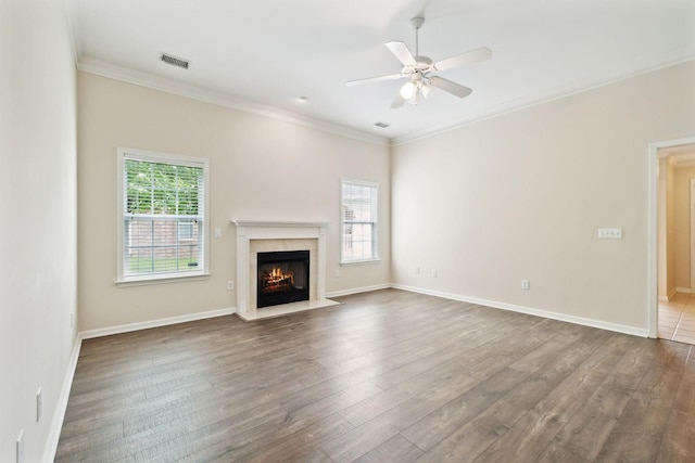 502 Village Green Cir, Murfreesboro, TN 37128 - unfurnished living room with healthy amount of natural light, crown molding, a fireplace, dark wood finished floors, and a ceiling fan