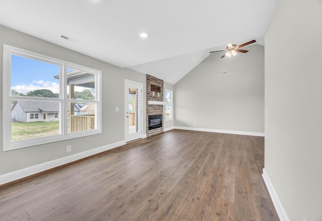 211 Donegal Dr, Clarksville, TN 37042 - unfurnished living room featuring a ceiling fan, dark wood-style floors, baseboards, a brick fireplace, and lofted ceiling