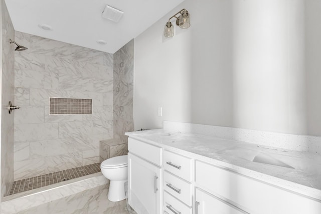 215 Donegal Dr, Clarksville, TN 37042 - bathroom with toilet, a tile shower, marble finish floor, and a sink