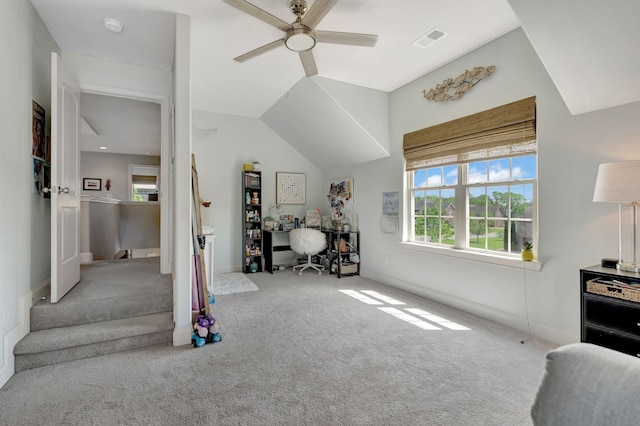 interior space featuring visible vents, a ceiling fan, carpet flooring, and baseboards