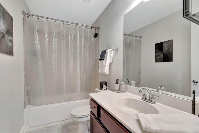 bathroom featuring toilet, shower / bathtub combination with curtain, vanity, and visible vents