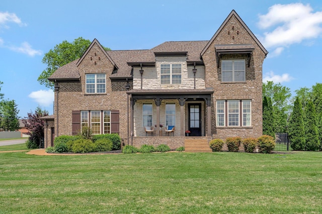 view of front of home with a front lawn, roof with shingles, and brick siding