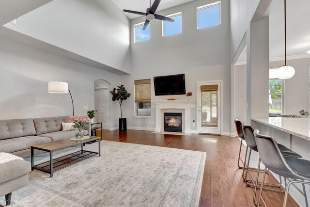 living room with wood-type flooring, ceiling fan, a fireplace with flush hearth, and a wealth of natural light
