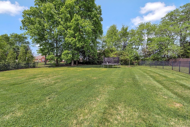 view of yard featuring a trampoline and a fenced backyard