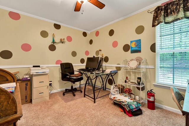 100 Treeann Ln, Ringgold, GA 30736 - carpeted office space with ornamental molding, a ceiling fan, and baseboards
