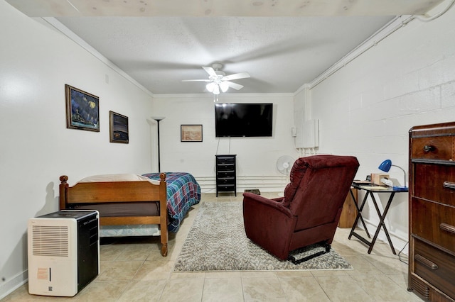 100 Treeann Ln, Ringgold, GA 30736 - tiled bedroom with a textured ceiling, ceiling fan, concrete block wall, and ornamental molding