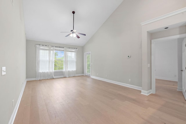 3201 Aspen Grove Dr Unit L8, Franklin, TN 37067 - unfurnished living room featuring baseboards, light wood-style flooring, ceiling fan, and high vaulted ceiling